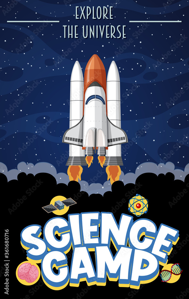 Fototapeta premium Science camp logo with explore the universe text and space objects
