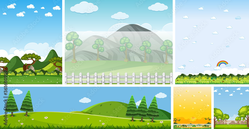 Set of different nature place scene in vertical and horizon scenes at daytime