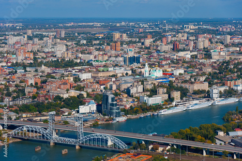 View of Rostov-on-Don and the railway bridge over the Don river from the plane.
