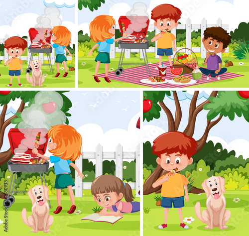 Children with outdoor background set