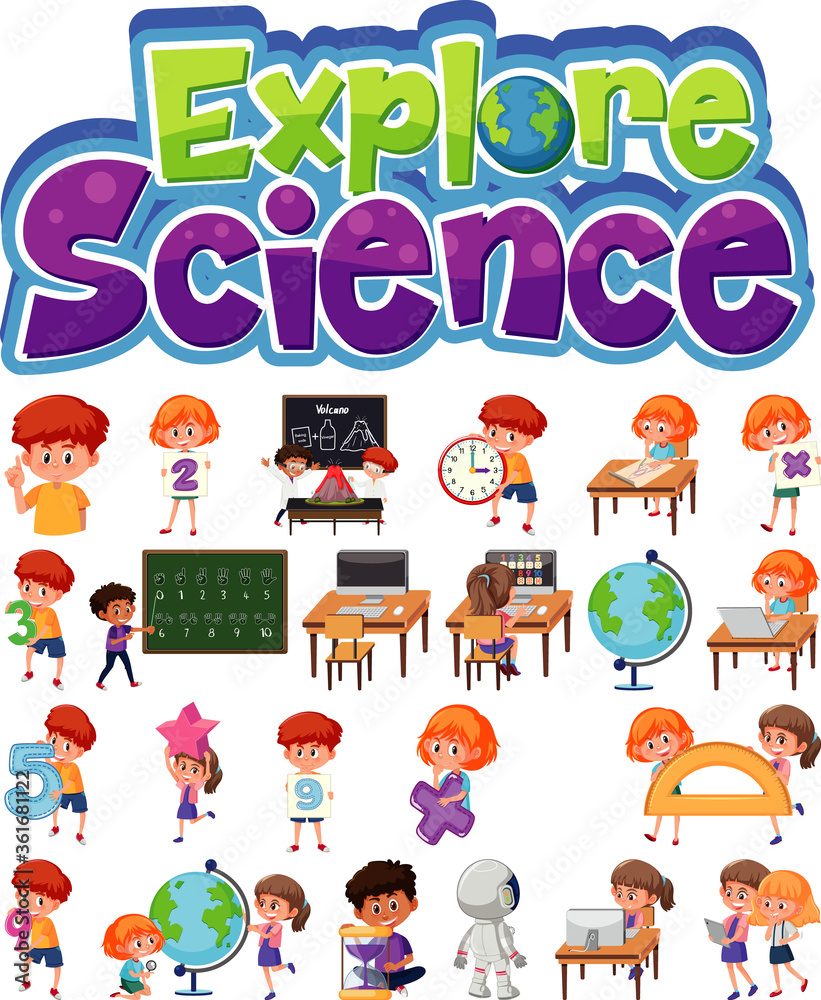 Explore science logo and set of children with education objects isolated Explore science logo and set of children with education objects isolated