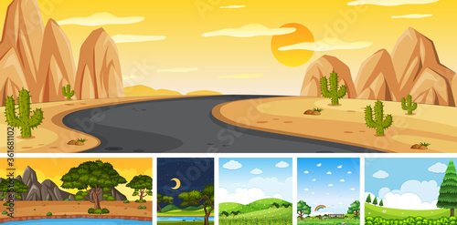 Set of different nature place scene in vertical and horizon scenes at daytime and night