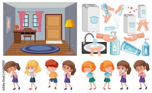 Background scene of empty room and set of sick children