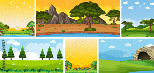 Set of different nature place scene in vertical and horizon scenes at daytime