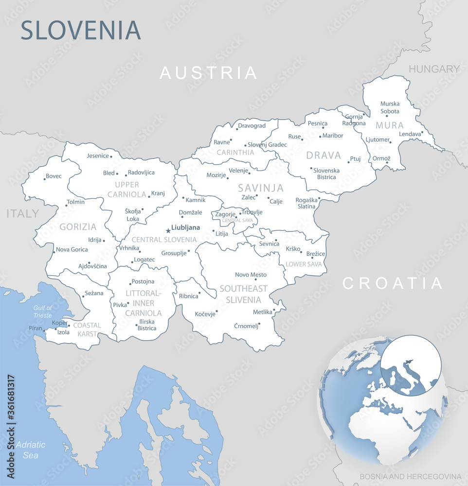 Blue-gray detailed map of Slovenia administrative divisions and location on the globe.