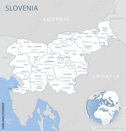 Blue-gray detailed map of Slovenia administrative divisions and location on the globe.