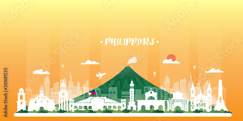 Philippines Travel postcard, poster, tour advertising of world famous landmarks. Vectors illustrations