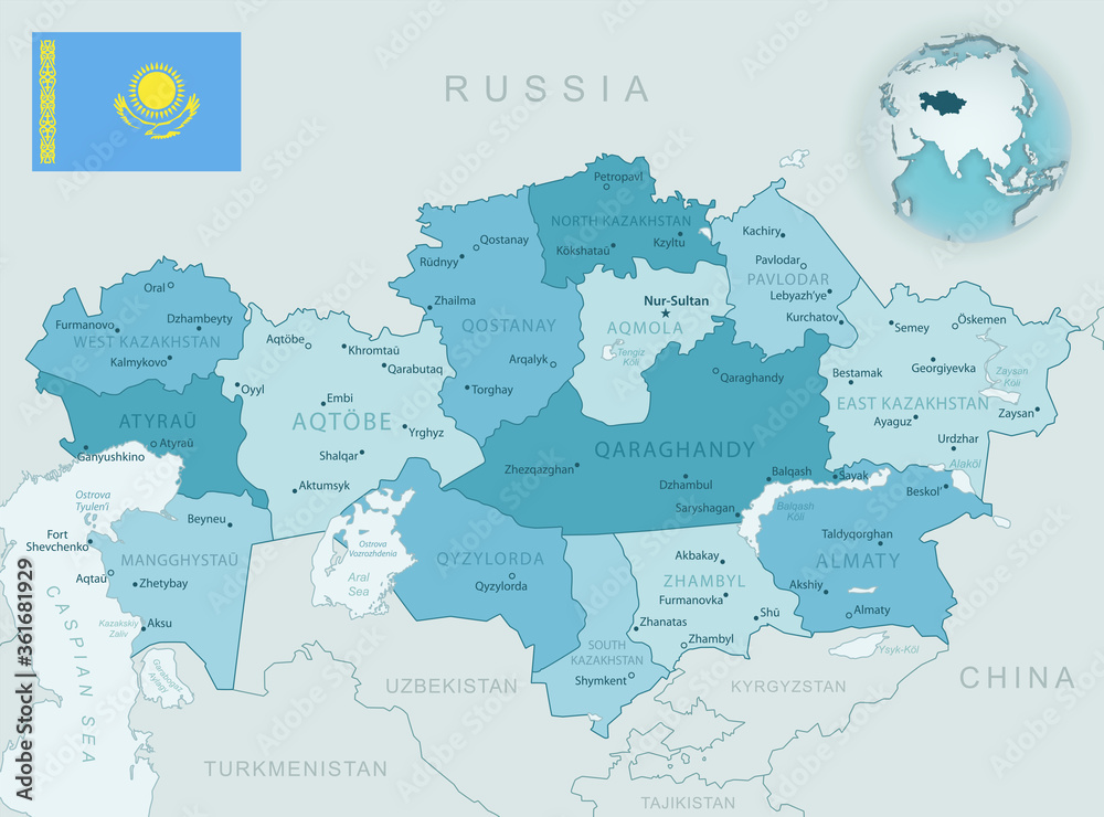 Blue-green detailed map of Kazakhstan administrative divisions with country flag and location on the globe.