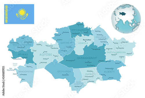 Kazakhstan administrative blue-green map with country flag and location on a globe.