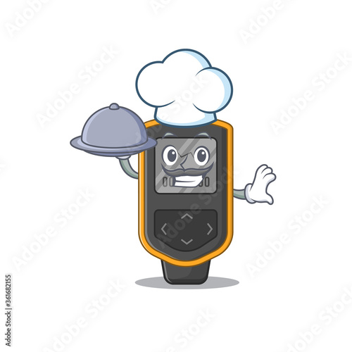mascot character style of dive computer chef serving dinner on tray
