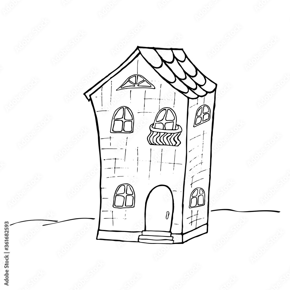 Vector black and white drawing of a fairytale house by hand, for a ...