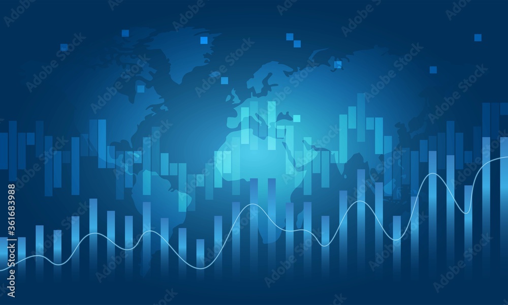World Map with Financial Data Graph Chart on Blue Background.