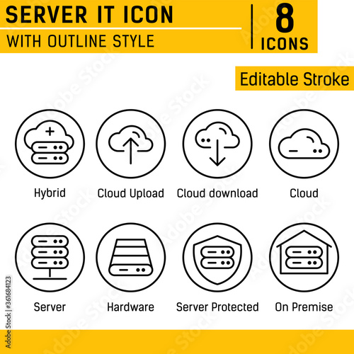 Server IT and technology icon set. Editable stroke. With line style on isolated soft gray background. Server IT icon set contains such icons as cloud, hybrid, server, hardware, on premise and other