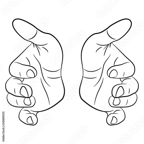 Two human hands in protecting gesture. Front view. Cartoon style. Black and white linear silhouette. Isolated vector illustration.	