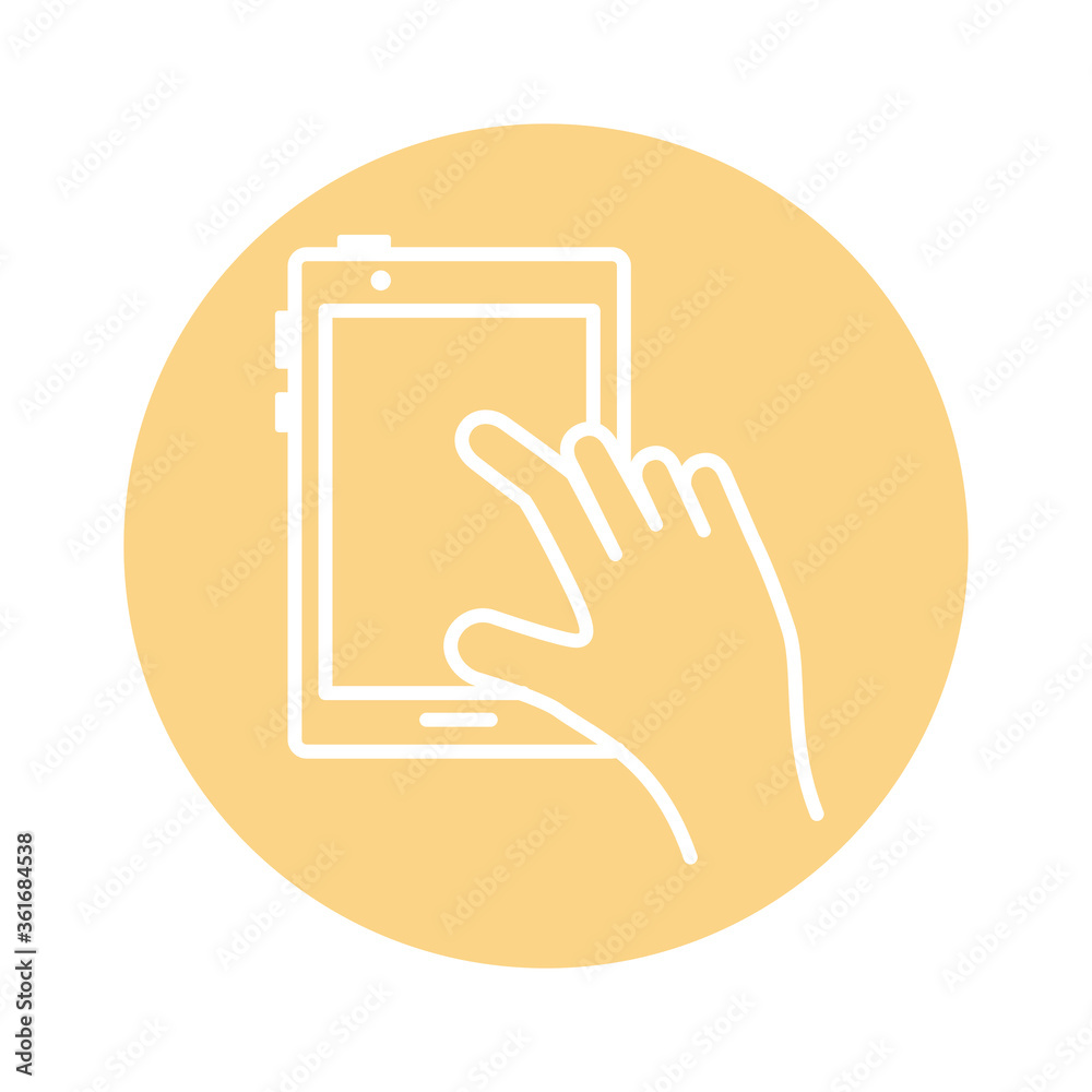 hand using tablet device block style icon hand using tablet device block style icon