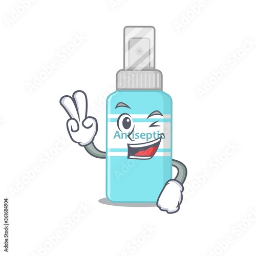 A joyful antiseptic cartoon mascot style show two fingers pose