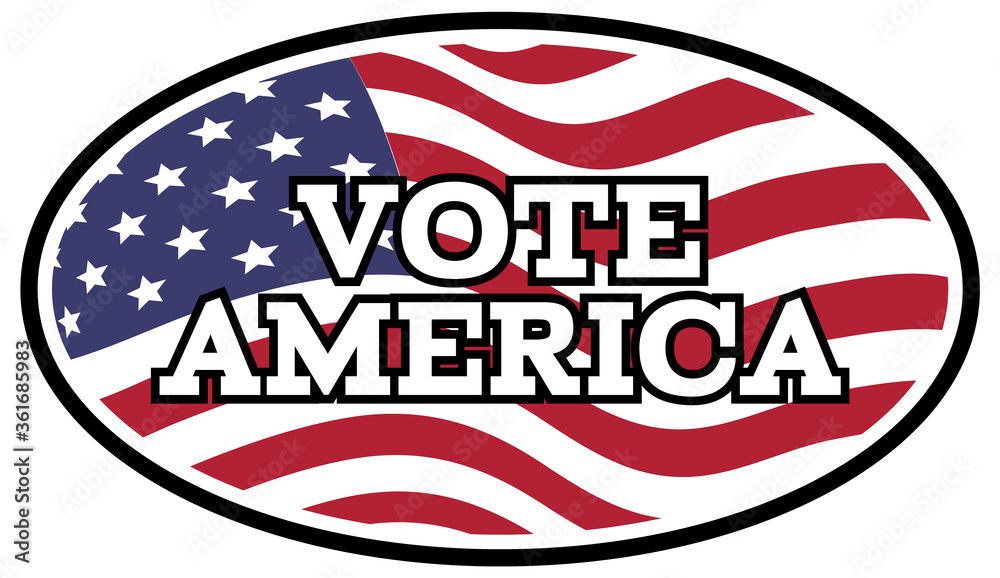 Naklejka premium Vote now text on United States flag background. Sticker emblem vector illustration