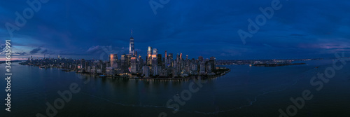 Panorama view of the Skyline of Manhattan and downtown at dusk  New York City  United States