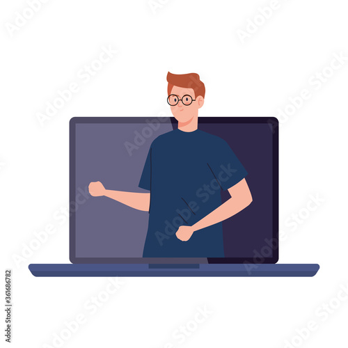 man inside laptop in screen, conference video call vector illustration design