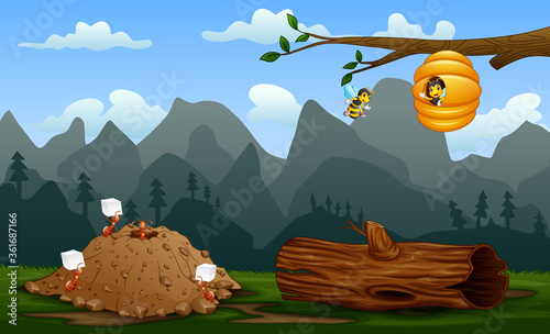 Ant colony and a beehive at nature landscape