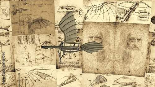 Leonardo Da Vinci Antique Flying Machine Flies Around The Poster With The Inventions Animation 