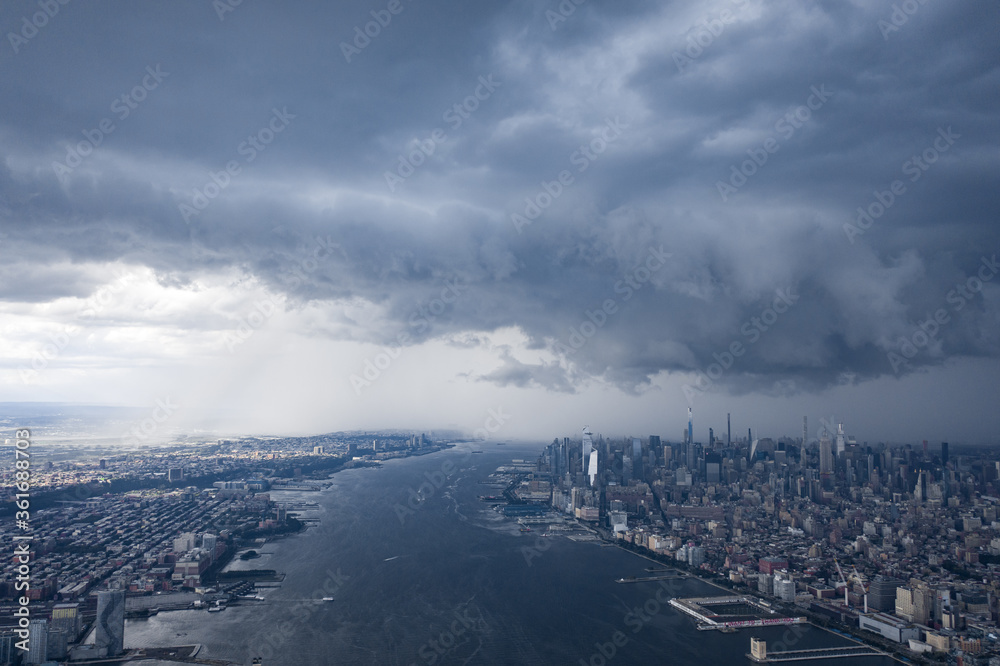 Aerial view of the Skyline of Manhattan in cloudy day, New York City, United States