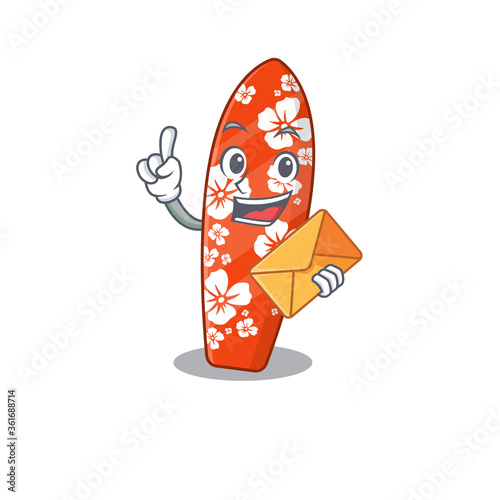 A picture of cheerful surfboard caricature design concept having an envelope