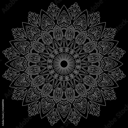 White outline mandala on a black doodles sketch
