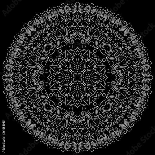 White outline mandala on a black doodles sketch