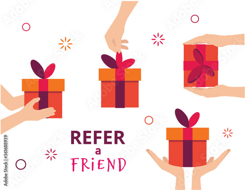 Refer a Friend. Referral marketing concept. Illustration of two people hands and gift box. Vector flat illustration isolated on white background.
