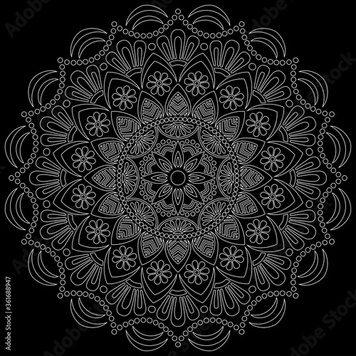 White outline mandala on a black doodles sketch