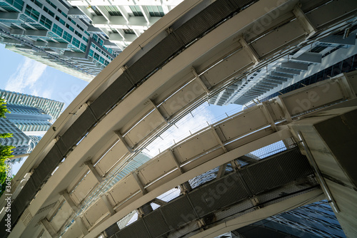 Low angle photo under railroad tram tracks in the city