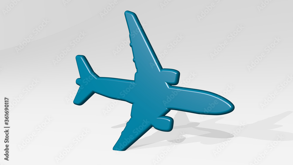 AEROPLANE made by 3D illustration of a shiny metallic sculpture on a wall with light background. airplane and aircraft AEROPLANE made by 3D illustration of a shiny metallic sculpture on a wall with light background. airplane and aircraft