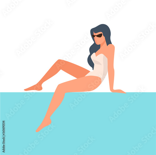 Elegant lady sitting by poolside, stylish female character