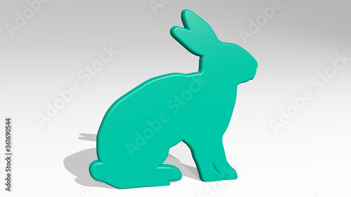 RABBIT made by 3D illustration of a shiny metallic sculpture on a wall with light background. bunny and cute