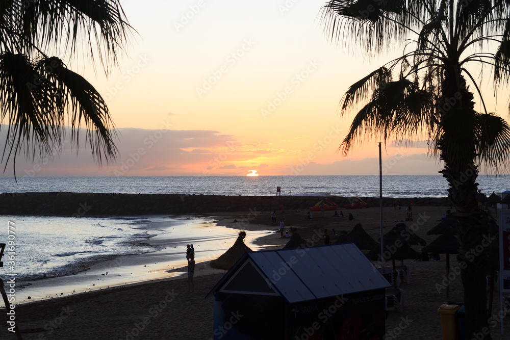 Fototapeta premium Sunset at beach and Atlantic Ocean panorama in holiday resort Playa de las Americas on Canary Island Tenerife, Spain