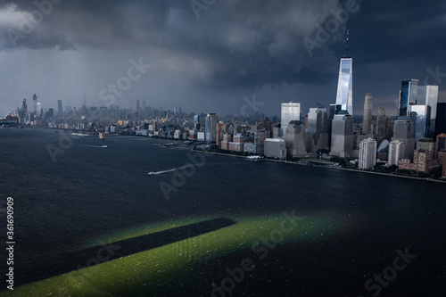 Aerial view of the Skyline of Manhattan in cloudy day, New York City, United States