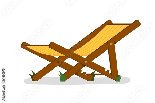 Deck chair. Isolated outside folding deck chair icon. Wood and cloth chaise longue. Vector garden or beach outdoor summer rest furniture for relaxation