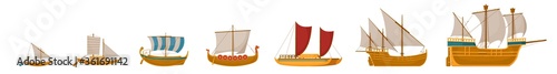 Vintage sailboats set. Isolated cartoon vintage wooden sail boat ship icon collection. Vector old nautical sailboat vessel and ocean travel concept