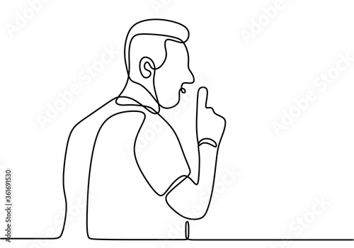 Man asking silence one continuous line hand draw vector illustration. Young male standing closed his mouth by his hand. A guy shut his mouth. Silence please concept isolated on white background