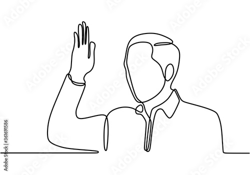 Continuous single line drawing of man waving hand. Senior male standing waving shows say hello greet from afar simple contour line art design isolated on white background. Minimalist style