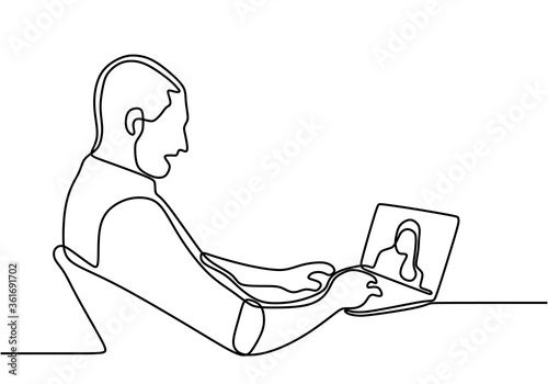 One continuous line drawing of businessman in the office on video. Serious young man wearing wireless headphones makes video call talk looks at pc screen. Male in headphones communicating distantly