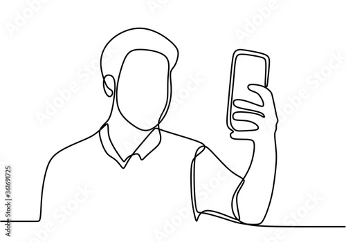Continuous line drawing of man sitting while doing video call on his mobile phone. Happy young male receive video calls and gesture say hello with his hands minimalist style. Vector illustration