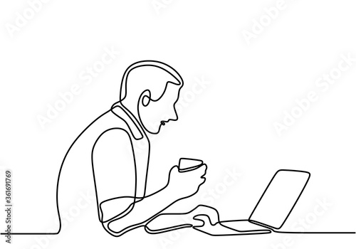 Continuous one line drawing man looking for ideas in notebook while holding a cup coffee in hands. Man work at computer. Business man looking at computer monitor during working day in office