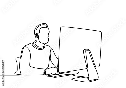 Continuous one line hand drawing of happy businessman sit at desk in the office. Young male work at computer while typing on the keyboard isolated on white background. Vector illustration