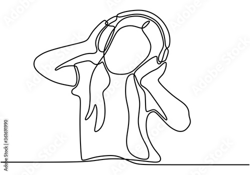 Young beautiful girl listening music in headphones continuous single line drawing vector illustration. Energetic woman with long hair listen to the music with earphone and enjoy dancing