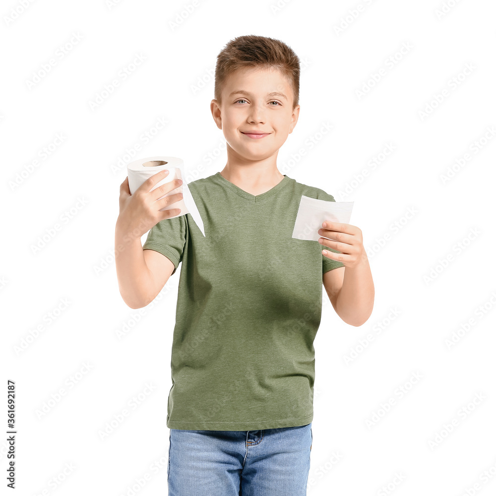 Funny little boy with toilet paper on white background Funny little boy with toilet paper on white background