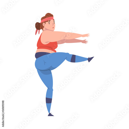 Plump Girl Wearing Sports Outfit Doing Sports, Weight Loss Process, Young Overweight Woman Getting Fit Cartoon Vector Illustration