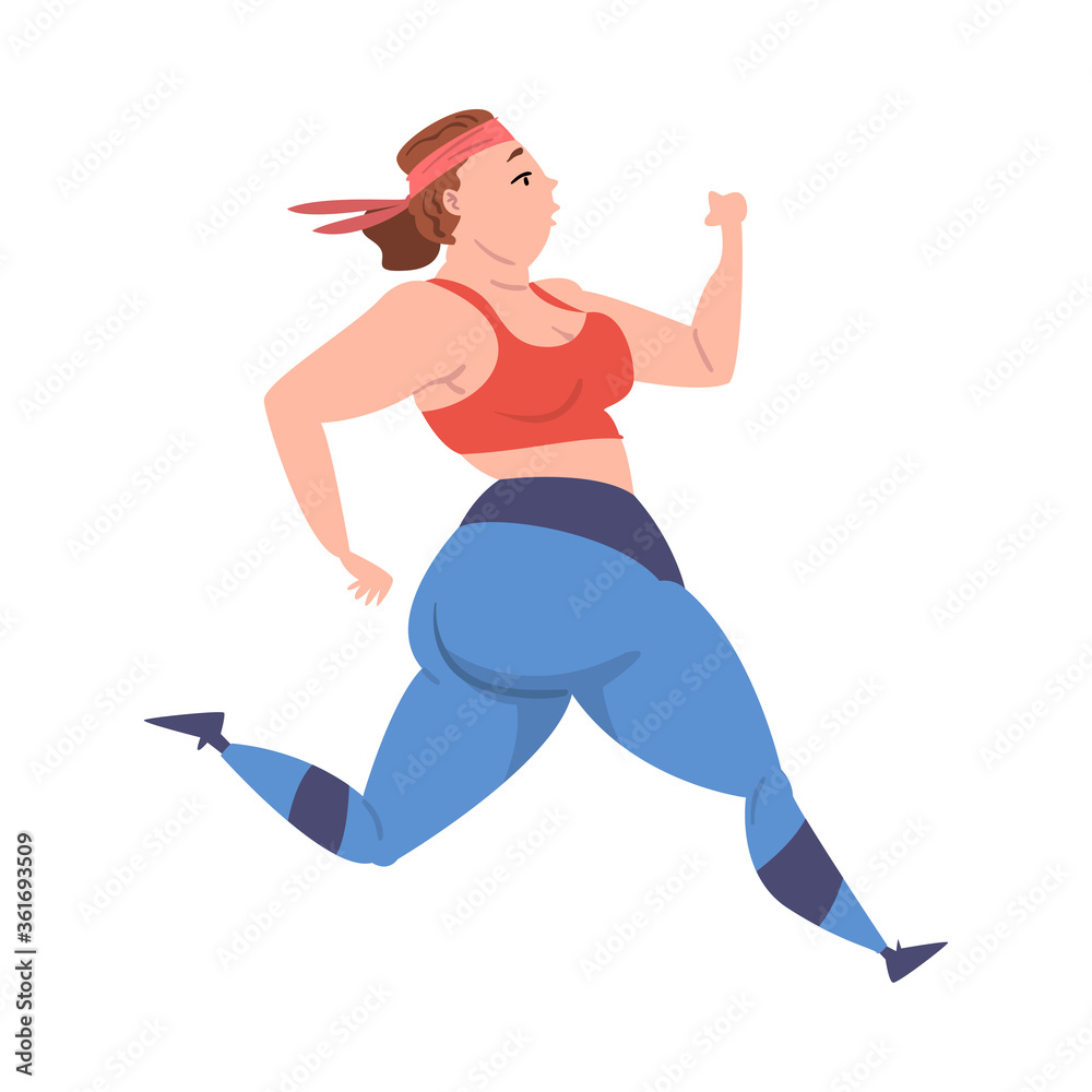 Plump Girl Running, Weight Loss Process, Young Overweight Woman Getting Fit Cartoon Vector Illustration on White Background Plump Girl Running, Weight Loss Process, Young Overweight Woman Getting Fit Cartoon Vector Illustration on White Background