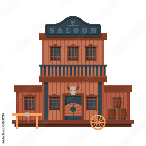 Saloon Architectural Construction, Wild West Wooden Building, Western Town Design Element Vector Illustration